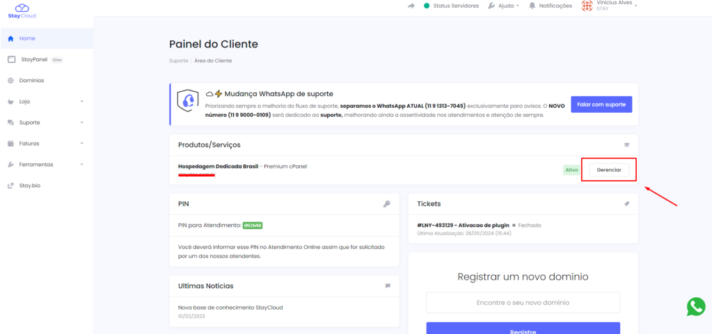 Painel do Cliente StayCloud com botão 'Gerenciar' destacado