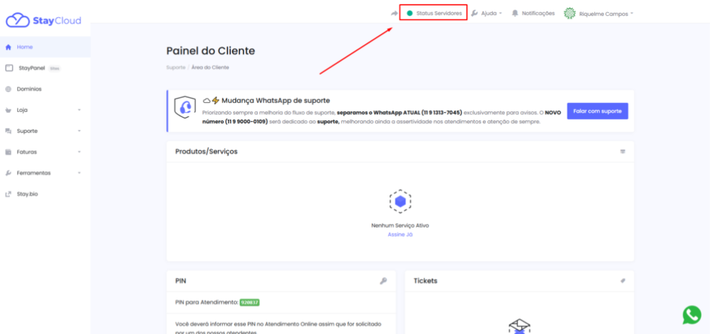 Botão 'Status Servidores' destacado no Painel do Cliente StayCloud