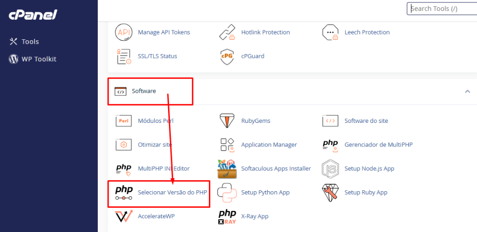 Localizando a ferramenta Selecionar Versão do PHP no cPanel