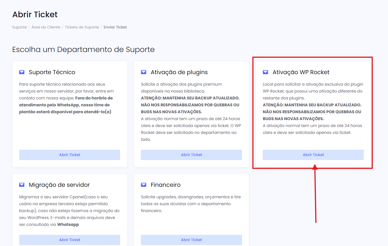 Novo local para solicitar ativação do WP Rocket no painel StayCloud
