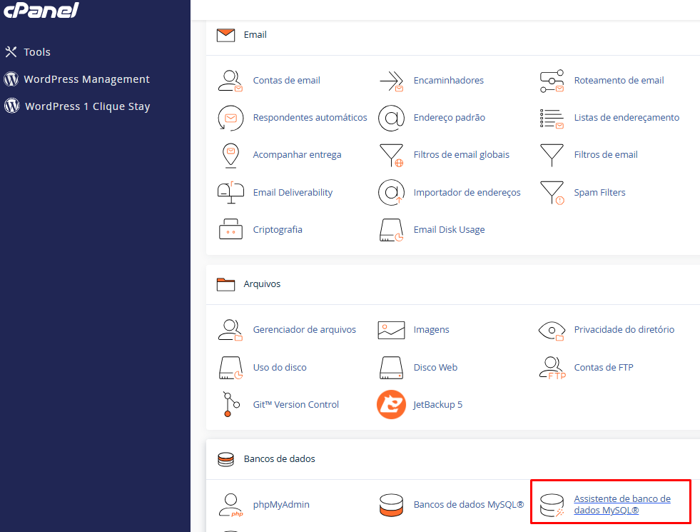 Acessando o Assistente de Banco de Dados MySQL no cPanel