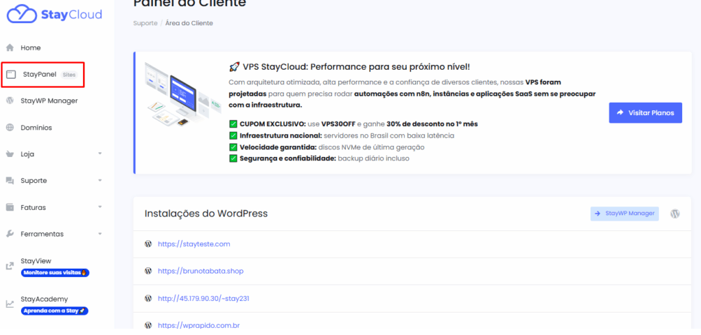 Acessando o StayPanel no menu lateral da StayCloud