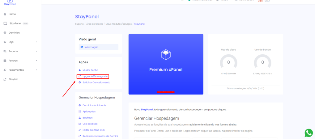 Painel de gerenciamento do StayPanel com opção de upgrade e downgrade
