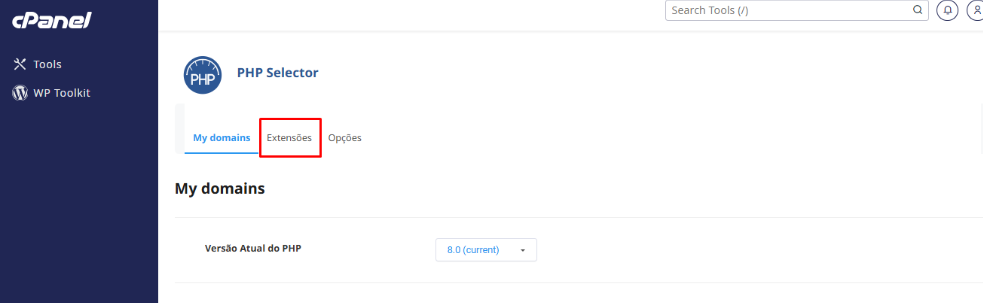 Clicando na aba Módulos dentro do Seletor de PHP
