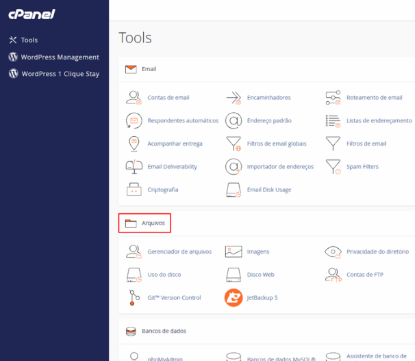 Gerenciador de Arquivos e ferramentas de Backup no cPanel
