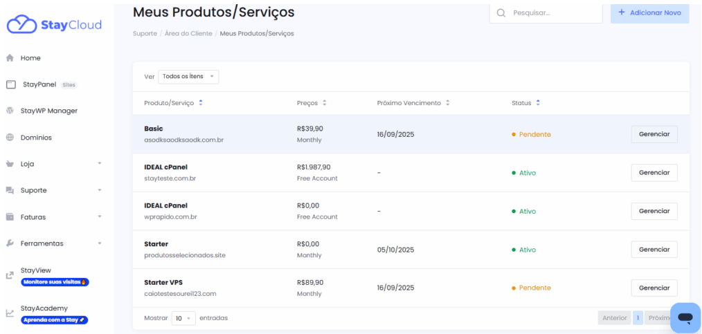Selecionando o plano de hospedagem para gerenciar na StayCloud