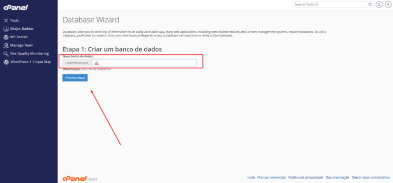 Tela do Database Wizard no cPanel - Etapa 1: Criar um banco de dados.