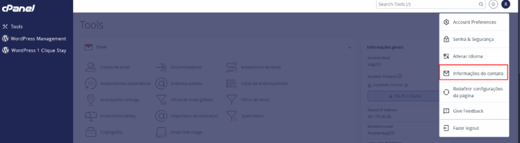 Acessando as Informações de Contato no cPanel da StayCloud