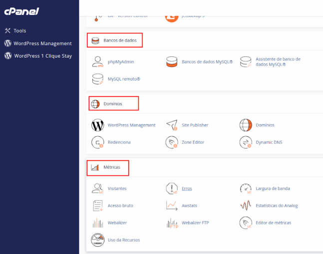 Seções de Bancos de Dados, Domínios e Métricas no cPanel