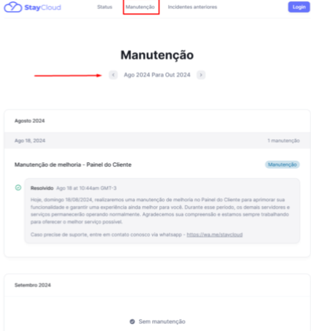 Verificando o histórico de manutenções programadas na página de status
