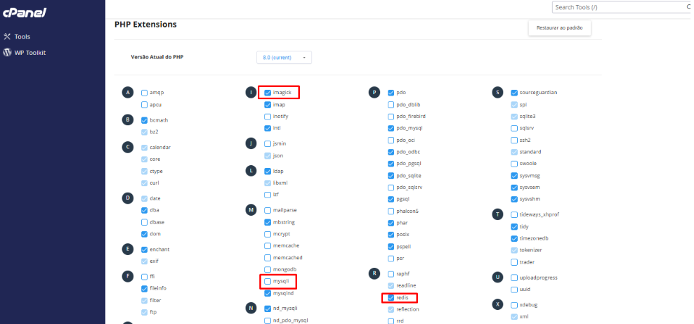 Marcando as caixas de seleção para ativar as extensões PHP
