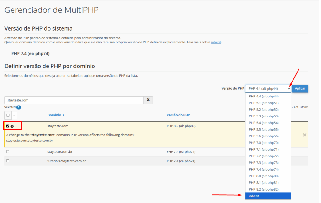 Selecionando a opção 'inherit' (herdado) para a versão do PHP