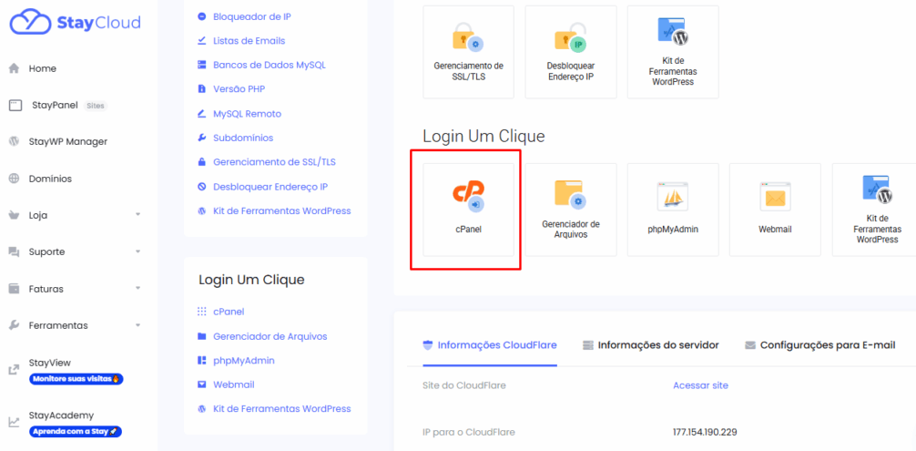 Clicando no botão cPanel dentro da área de gerenciamento