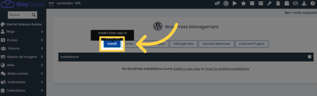 Clicando em 'Install' para iniciar a instalação do WordPress