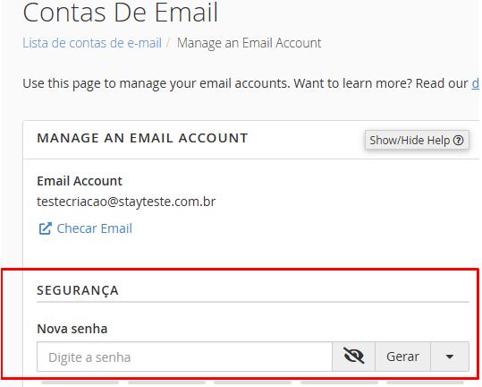 Imagem da lista de contas de e-mail no cPanel, mostrando as opções de gerenciamento.