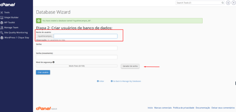 Tela do Database Wizard no cPanel - Etapa 2: Criar usuários de banco de dados.