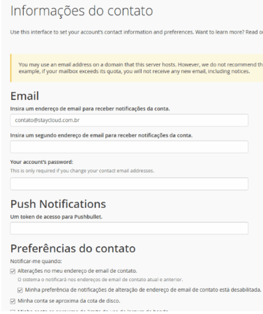 Definindo o e-mail de contato principal no cPanel