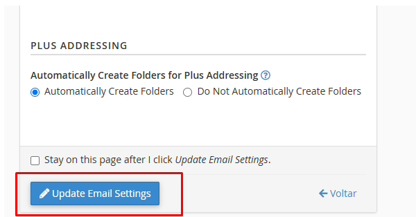 Imagem da tela de gerenciamento de conta, com o campo Nova Senha e o botão 'Update Email Settings' destacado.