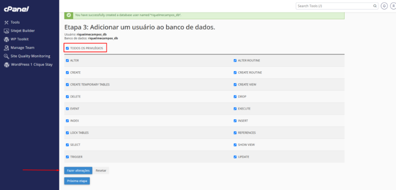 Tela do Database Wizard no cPanel - Etapa 3: Adicionar privilégios ao usuário.
