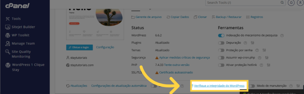 Clicando em Verifique a integridade do WordPress no painel do WP Toolkit
