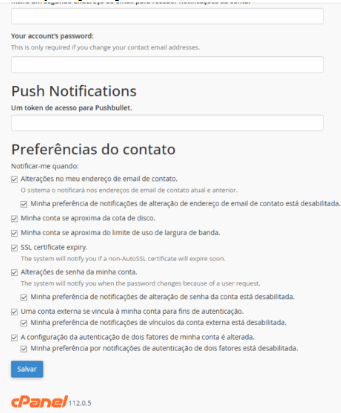 Configurando as preferências de notificação de contato do cPanel
