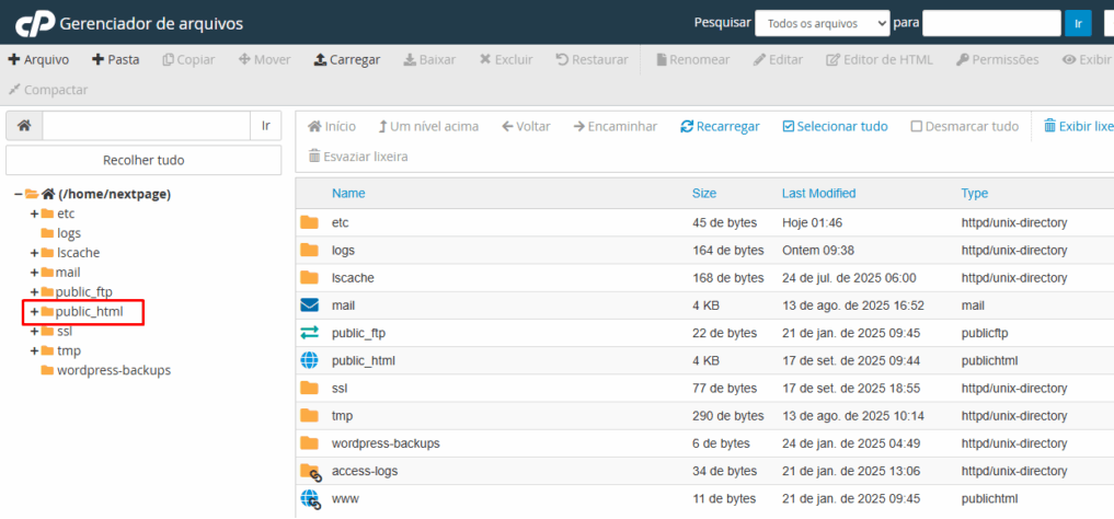 A pasta public_html destacada no Gerenciador de Arquivos do cPanel