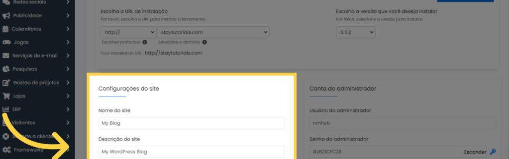 Definindo o nome, descrição e conta de admin do site WordPress