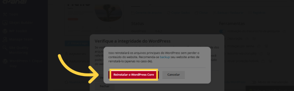 Confirmando a reinstalação do WordPress Core na janela popup