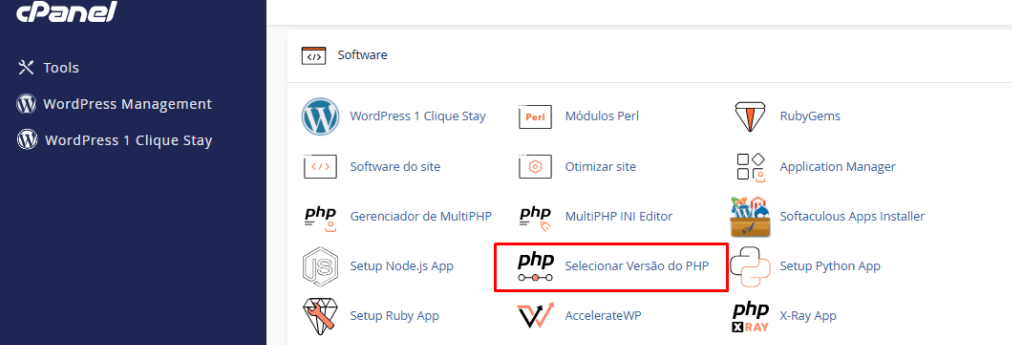 Escolhendo a versão do PHP desejada no PHP Selector