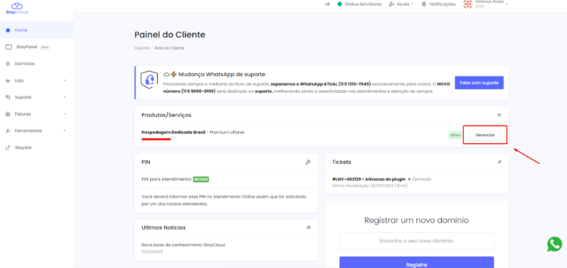 Painel do StayPanel com o botão de Upgrade e Downgrade destacado para iniciar a mudança de plano.