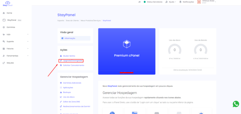 Tela de seleção de planos de hospedagem para upgrade na StayCloud.