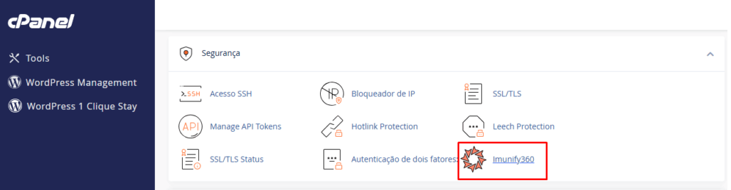 Acessando o Imunify360 na seção Segurança do cPanel.