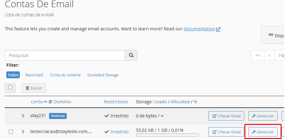 Clicando no botão Gerenciar de uma conta de e-mail específica no cPanel.
