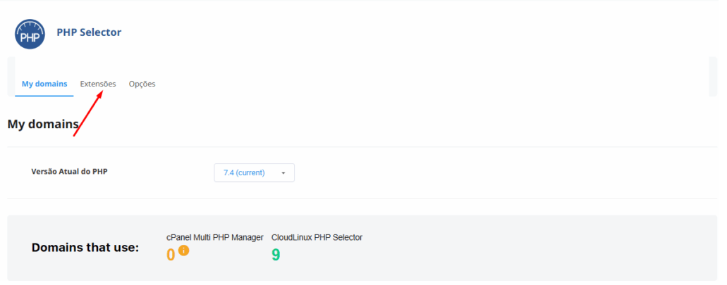 Clicando na aba Extensions (Extensões) no seletor de PHP.