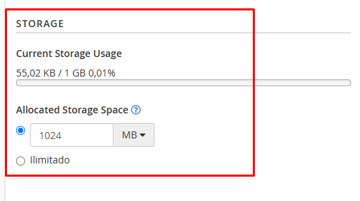 Opções para alterar armazenamento do email para uma quota fixa ou ilimitado.
