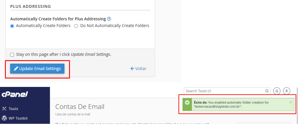 Salvando as novas configurações de armazenamento de e-mail no cPanel.