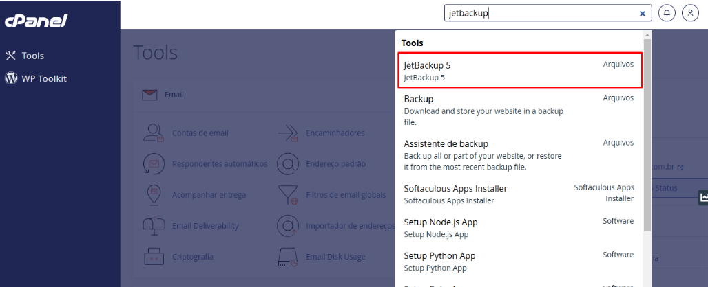 Localizando a ferramenta JetBackup 5 na interface do cPanel.