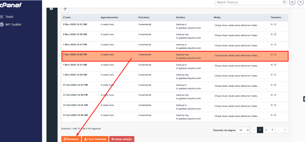 Selecionando a data do backup e os arquivos específicos para restaurar no JetBackup 5.