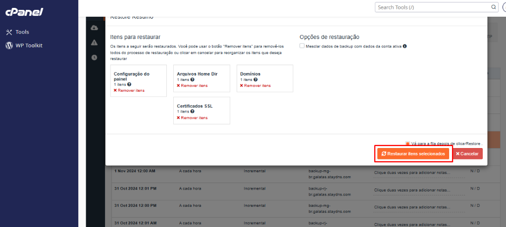 Tela de confirmação dos itens de restauração do backup no JetBackup 5.