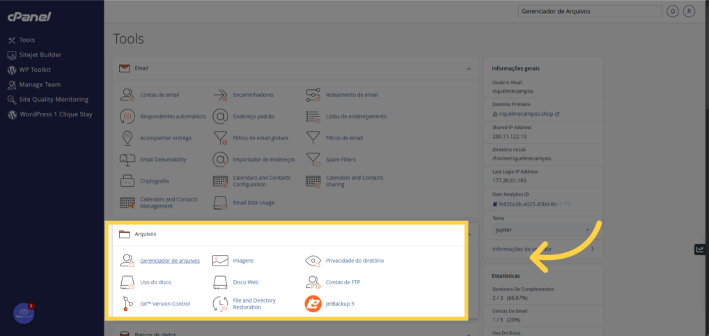 Seção Arquivos no cPanel destacando o Gerenciador de Arquivos.