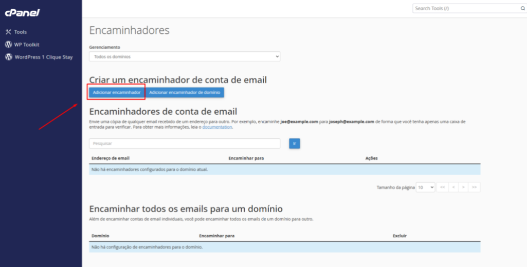 Clicando no botão Adicionar Redirecionador no cPanel.