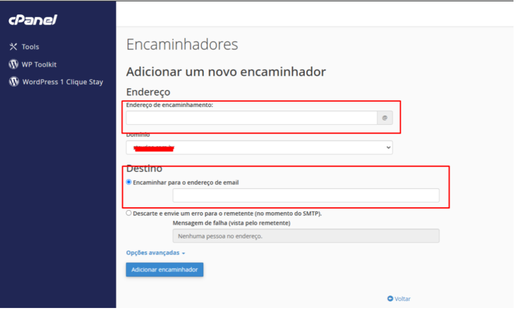 Tela de configuração de um novo redirecionamento de email no cPanel.