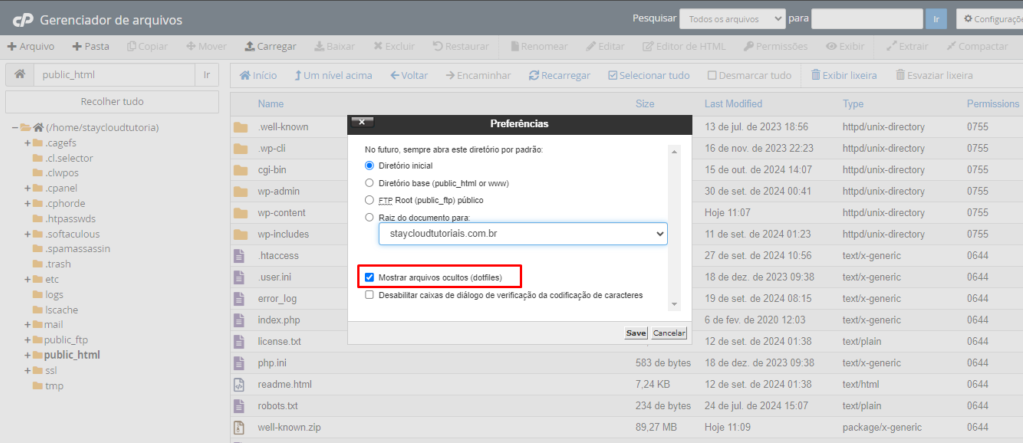Marcando a opção 'Mostrar arquivos ocultos (dotfiles)' no pop-up.
