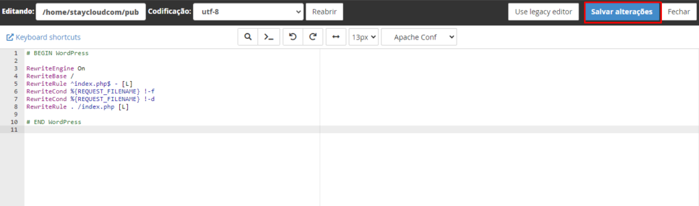 Clicando com o botão direito no arquivo .htaccess e selecionando 'Edit'.