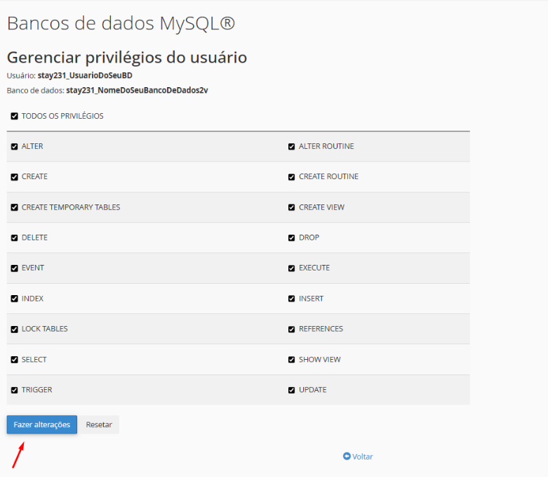 Detalhe das permissões MySQL como SELECT, INSERT, DELETE no cPanel.