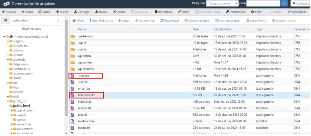 Caixa de diálogo para alterar as permissões do arquivo .htaccess, mostrando 644.