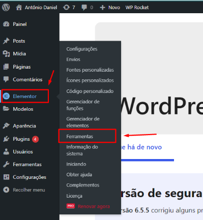 Acessando o menu Ferramentas (Tools) dentro do plugin Elementor no WordPress.