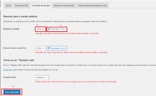 Selecionando uma versão anterior do Elementor e clicando no botão de Reinstalar (Rollback).