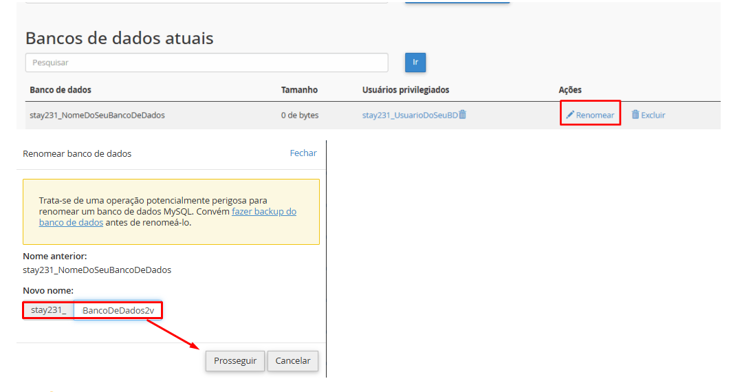 Alterar a senha ou renomear um usuário de banco de dados no cPanel.