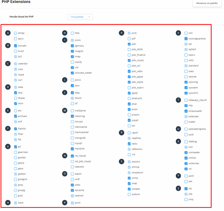 Lista de extensões do PHP para ativar ou desativar com caixas de seleção.